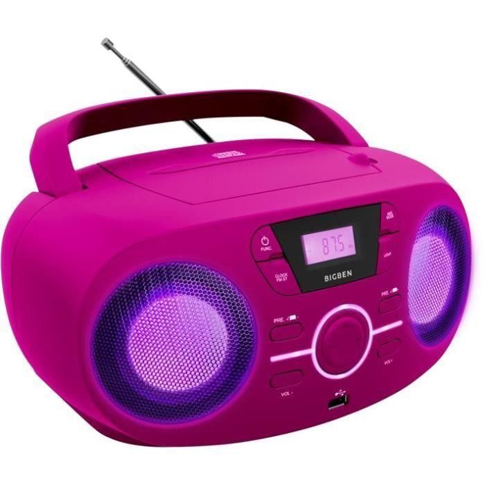 BIGBEN CD61RSUSB Radio Portátil Cd Usb Rosa + Altavoces Luminosos 1