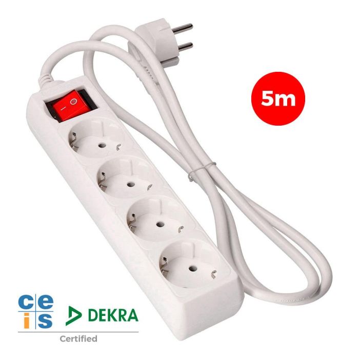 Prolongador con 4 tomas 2p+t, 16a 250v~ con interruptor luminoso, 5 m de cable h05vv-f 3g1,5mm² blanco