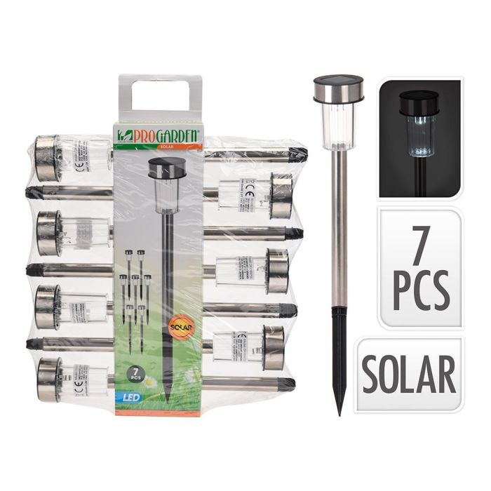 Estaca solar de jardin, acero inoxidable,1 led ip44 ø4,6 x 36,5 cm, pack 7 unidades