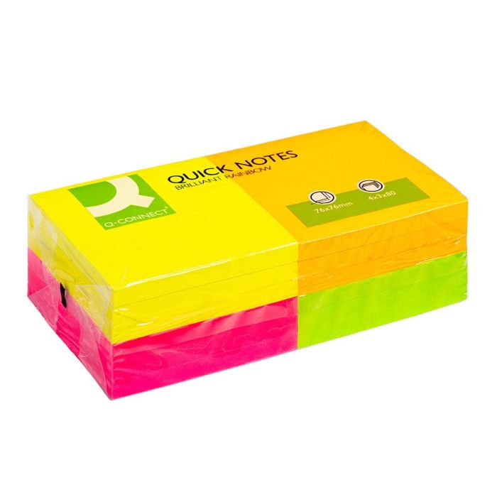 Bloc De Notas Adhesivas Quita Y Pon Q-Connect 76x76 mm Con 80 Hojas Fluorescentes Pack De 12 Surtidas En 4 Colores 1