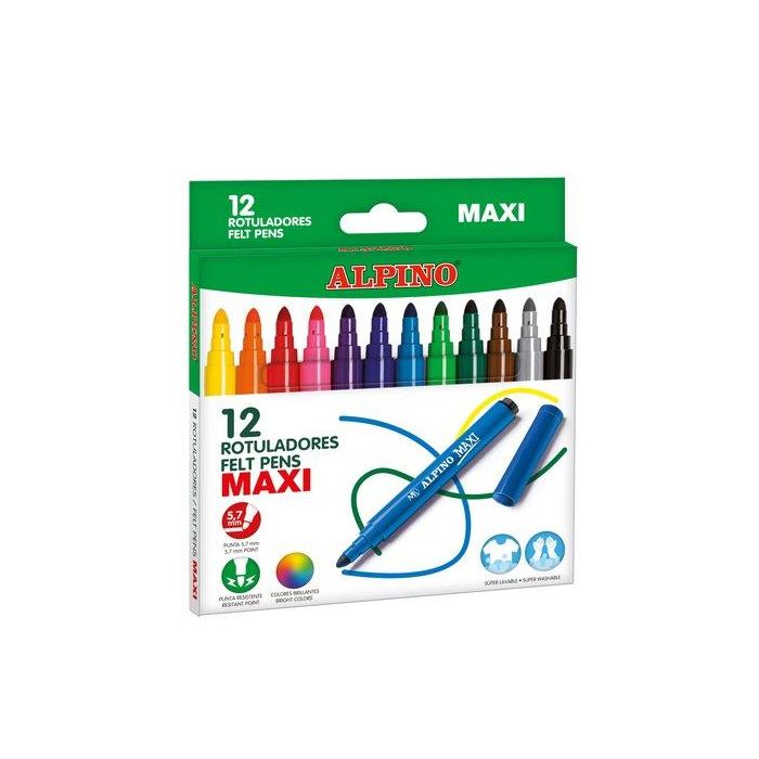 Alpino Rotuladores Maxi Punta Gruesa Lavables Colores Surtidos - Caja de 12 Unidades
