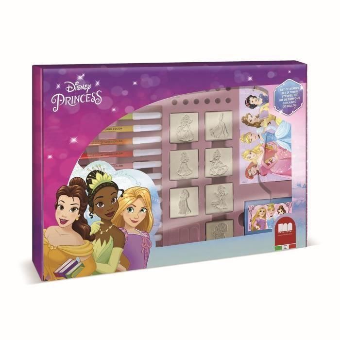 Caja para sellos - MULTIPRINT - 4660 - Princesas Disney - 7 sellos de madera y látex, 12 rotuladores Giotto, regla, álbum para colorear