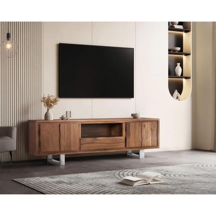 Giner y Colomer Mueble TV Acacia Natural con Metal Plateado 4 Puertas 1 Cajón 7 Giner y Colomer Mueble TV Acacia Natural con Metal Plateado 4 Puertas 1 Cajón 7
