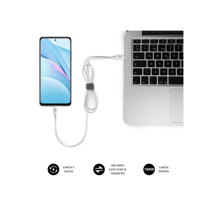 Subblim SUBCAB-C10011 Cable Plus USB-C a USB-C 100W Carga Rápida 480Mbps USB 2.0 E-Marker Trenzado 2m Blanco 4 Subblim SUBCAB-C10011 Cable Plus USB-C a USB-C 100W Carga Rápida 480Mbps USB 2.0 E-Marker Trenzado 2m Blanco 4