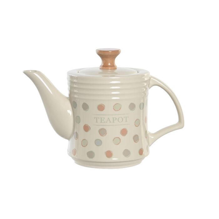 DKD Home Decor Tetera Basicos de Gres Beige con Diseño de Topitos - Capacidad 1 Litro, Cierre Hermético - Medidas 12x16.5x22.5 cm