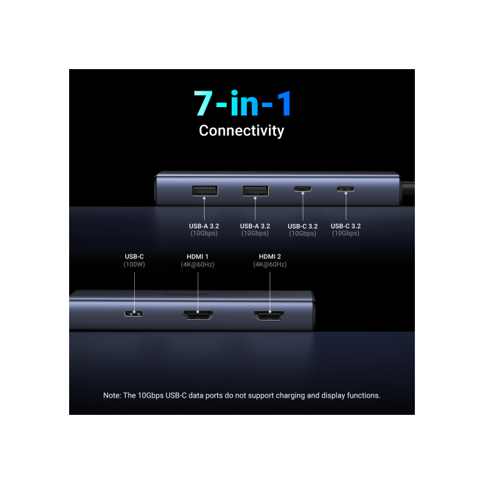 UGREEN Hub USB-C 7 en 1 CM498 Base Gris con 2xHDMI 4K 60Hz, 2xUSB-A 10Gbps, 2xUSB-C 10Gbps, PD 100W, Aluminio 2
