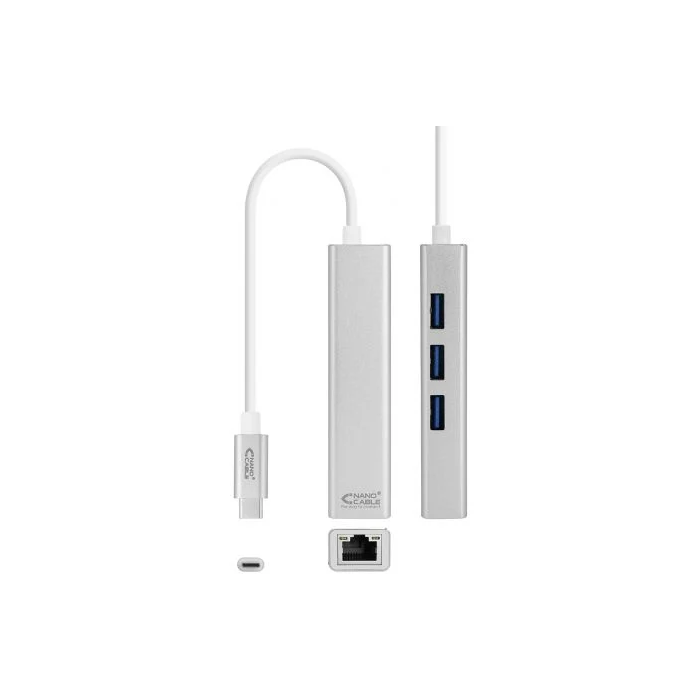 Nano Cable 10.03.0404 Hub USB-C a Ethernet Gigabit con 3 Puertos USB 3.0, Gris 1 Nano Cable 10.03.0404 Hub USB-C a Ethernet Gigabit con 3 Puertos USB 3.0, Gris 1