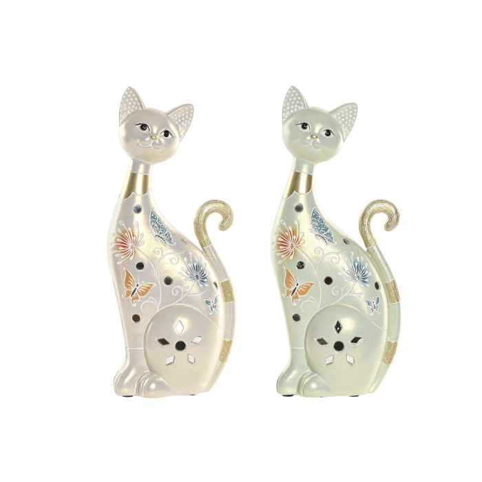 DKD Home Decor Figura Cottage Gato Resina Verde Beige 7.5 x 29.5 x 12.5 cm (4 Unidades)