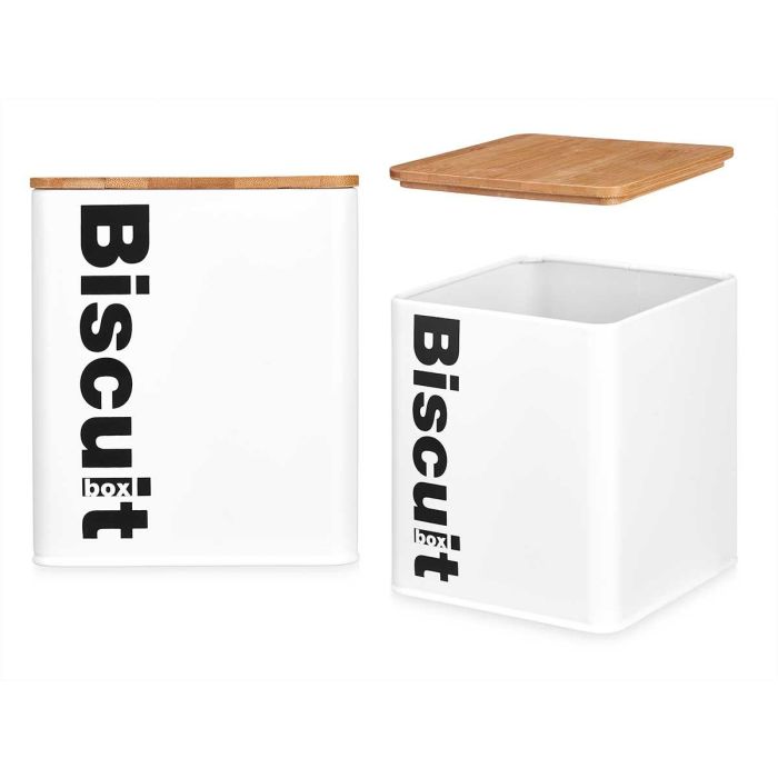 Bote Metal Cuadrado Biscuit Blanco Tapa Bambu Kinvara 14X16CM (6 Unidades) 2 Bote Metal Cuadrado Biscuit Blanco Tapa Bambu Kinvara 14X16CM (6 Unidades) 2