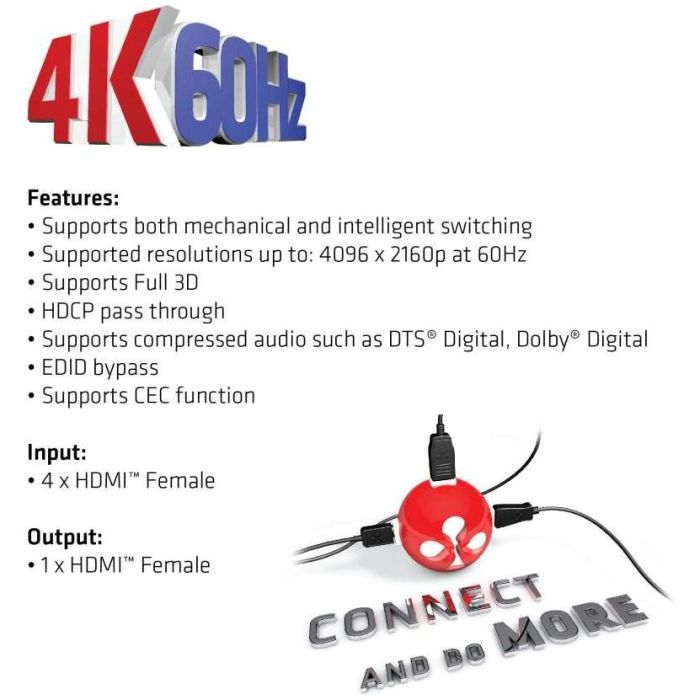 Club3D HDMI Switch Box 4 Entradas 1 Salida 4K Ultra HD 60Hz compatible con HDMI 2.0a, HDCP, con mando a distancia 7 Club3D HDMI Switch Box 4 Entradas 1 Salida 4K Ultra HD 60Hz compatible con HDMI 2.0a, HDCP, con mando a distancia 7