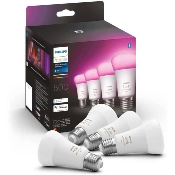 Philips Hue White & Color Ambiance, bombilla LED conectada E27, 60W equivalente, 800 lumen, 4 paquete, Bluetooth Compatible