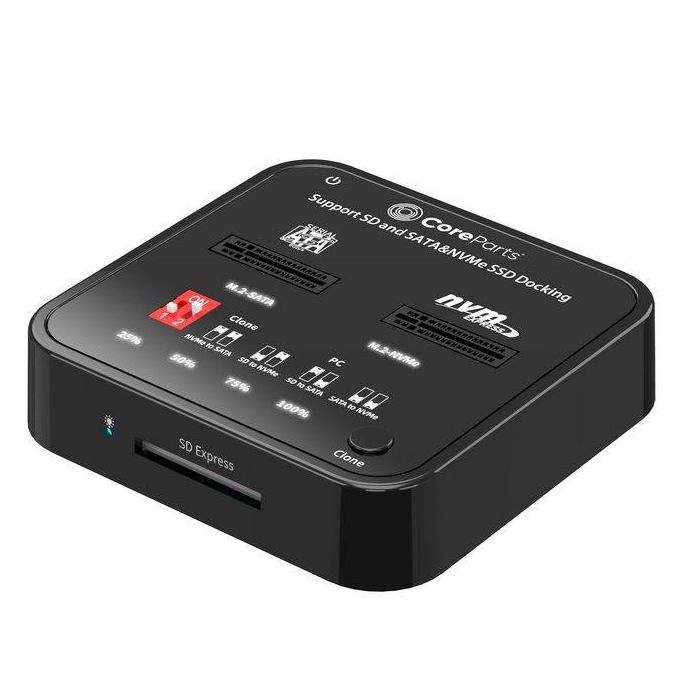 CoreParts USB3.2 Type-C (10Gbps) M.2 SATA/NVMe SSD Clone Docking with SD express card reader - Box includes USB-C Cable, Power Supply and user manual 1 CoreParts USB3.2 Type-C (10Gbps) M.2 SATA/NVMe SSD Clone Docking with SD express card reader - Box includes USB-C Cable, Power Supply and user manual 1
