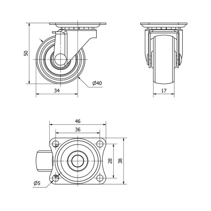 Ruedas Alex Rueda Giratoria con Placa y Eje Liso Negra Carga Máx. 20 kg Ø 4 cm