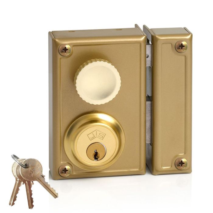 Jis Cerradura de sobreponer golpe y llave derecha 70mm, cilindro fijo 52mm, 3 llaves, referencia 34-7d, dorado 0 Jis Cerradura de sobreponer golpe y llave derecha 70mm, cilindro fijo 52mm, 3 llaves, referencia 34-7d, dorado 0