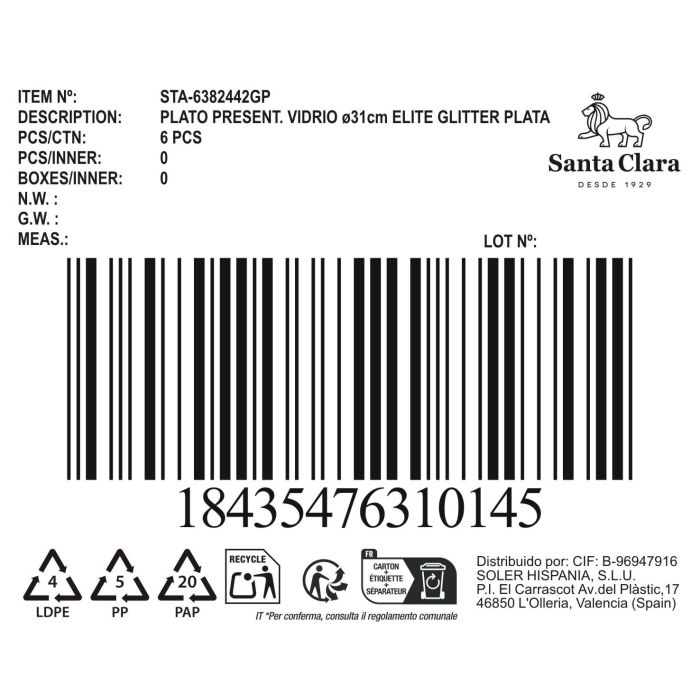 Plato 31 cm vidrio Elite Glit plata, colección 230