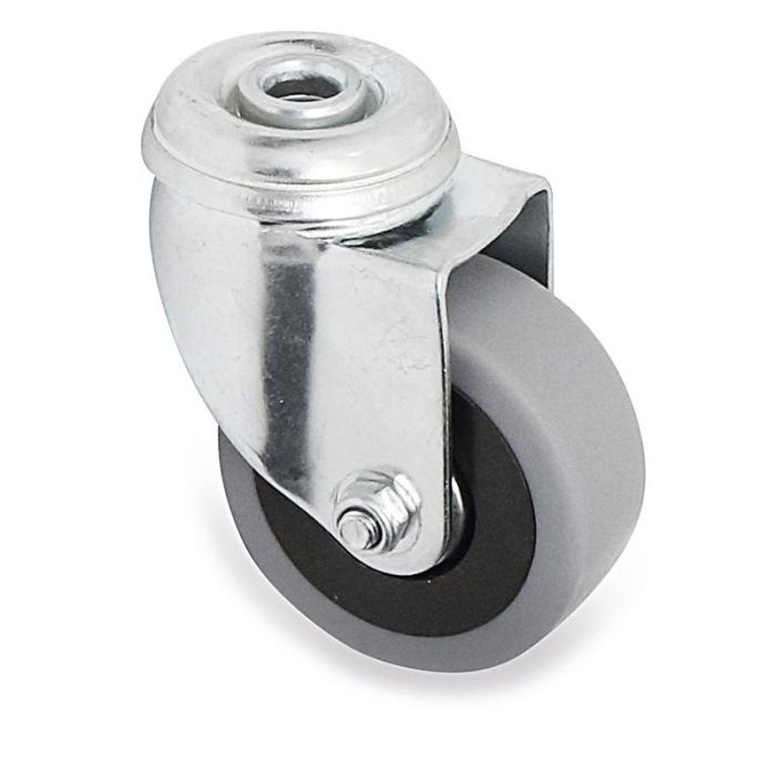 Q&Q Rueda Giratoria JADE TP Aro Goma Gris Ø60, Zincado Brillante, Placas Antihilo, Doble Hilera de Bolas, Taladro Pasante, Carga 50kg