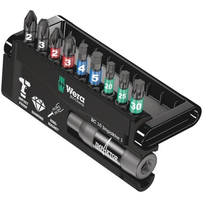 Wera Bit-Check 10 Impaktor 1 - Kit de 10 Puntas Magnéticas Hexagonal Phillips Pozidriv Torx PH2-PH3 PZ2-PZ3 T20-T30 4.5mm