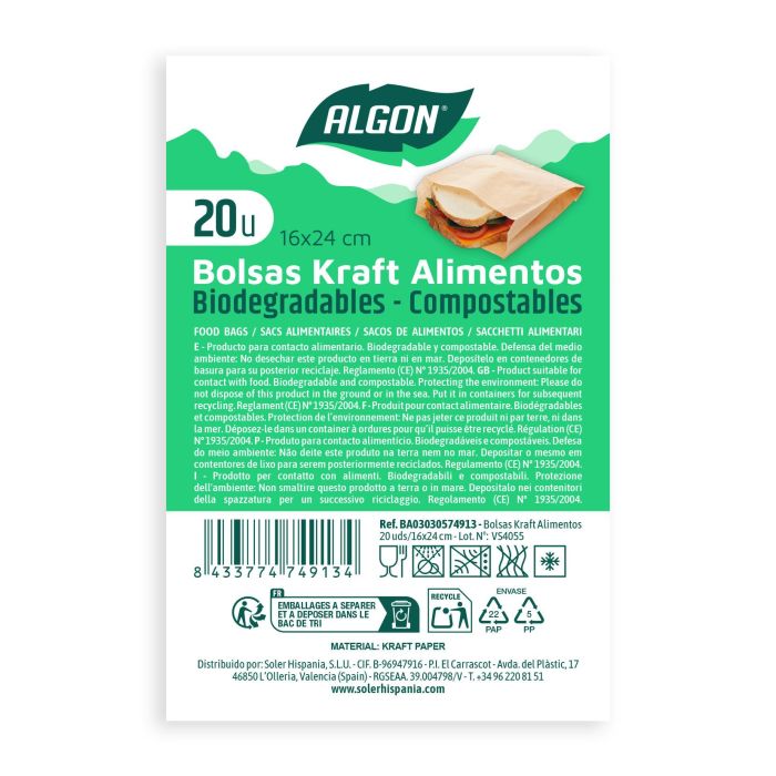 Bolsas Kraft reutilizables para alimentos, 20 unidades - Algon (24 Unidades) 5 Bolsas Kraft reutilizables para alimentos, 20 unidades - Algon (24 Unidades) 5