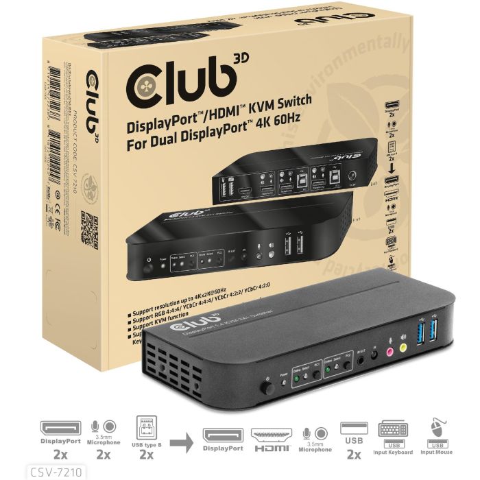 Club3D KVM Switch 4K60Hz 2x DisplayPort a HDMI o DisplayPort / 2x USB / Audio 9