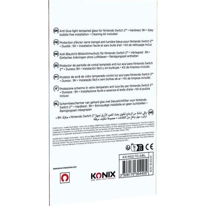 Konix 3328170304405 Protector de pantalla de vidrio templado para Nintendo Switch 2, Anti-luz azul, Anti-burbujas, Dureza 9H 1