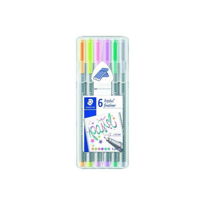 Rotulador Fibra Staedtler 334 Triplus Fineliner Pastel Estuche De 6 (Rosa Claro, Naranja Claro, Verde Lima, Verde Esmeralda, Lavanda Y Gris)