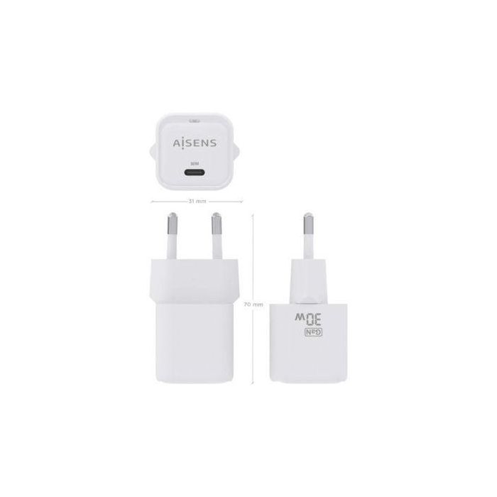 Aisens ASCH-30W1P018-W Cargador de Pared GaN USB-C 30W PD Carga Rápida AI Multiprotocolo para Portátiles Móviles Tablets Blanco 3 Aisens ASCH-30W1P018-W Cargador de Pared GaN USB-C 30W PD Carga Rápida AI Multiprotocolo para Portátiles Móviles Tablets Blanco 3
