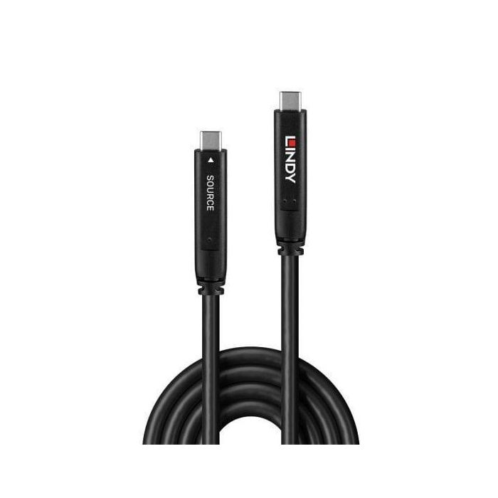 Lindy Cable Híbrido USB 3.2 Gen 1 DP 1.4 Tipo C 10m Fibra Óptica | Video 8K/4K, Datos 5Gbps, Power Delivery 60W 1