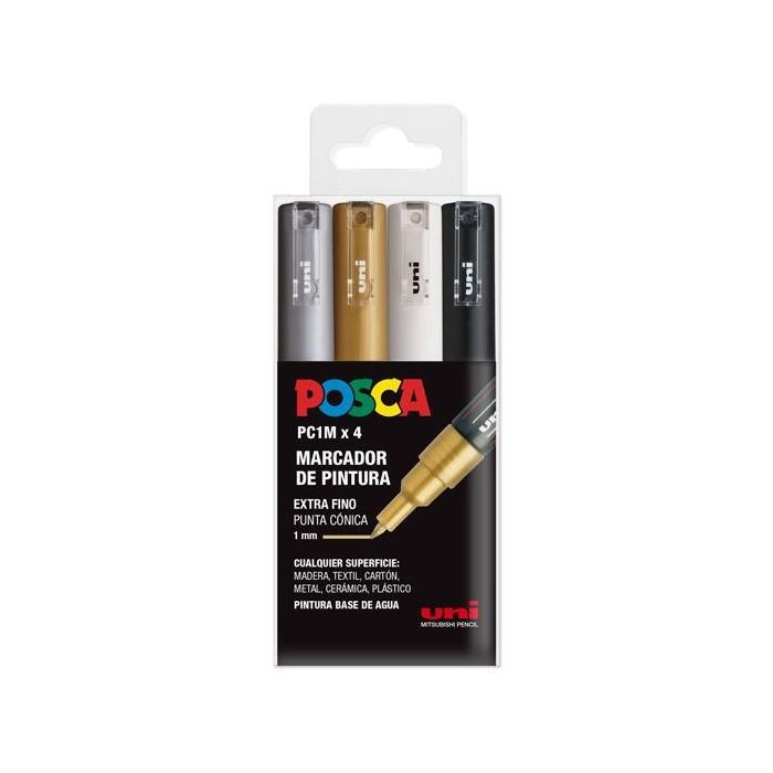 POSCA Pc-1M-4C Estuche 4 Marcadores No Permanentes Punta Fina 0.7 mm, Colores Surtidos Metálicos