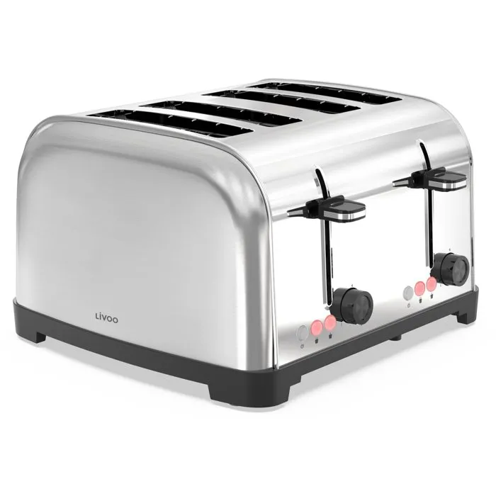 Livoo DOD197 Tostadora de 4 Rebanadas, 1700 W, Acero Inoxidable, 2 Termostatos Independientes con 7 Niveles