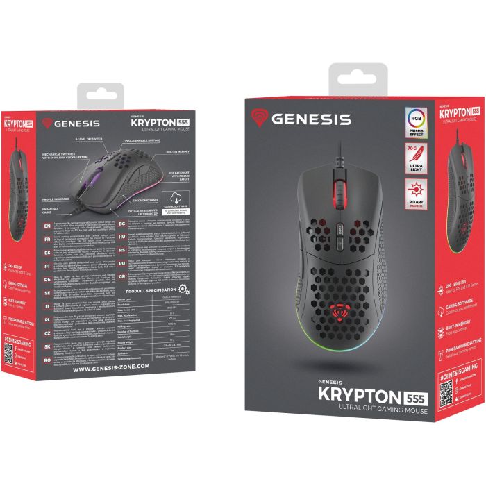 GENESIS Krypton 555 Ratón Gaming Óptico Pixart PAW3333 8000 DPI RGB Ultraligero 70g Ergonómico Mano Derecha USB 2 GENESIS Krypton 555 Ratón Gaming Óptico Pixart PAW3333 8000 DPI RGB Ultraligero 70g Ergonómico Mano Derecha USB 2