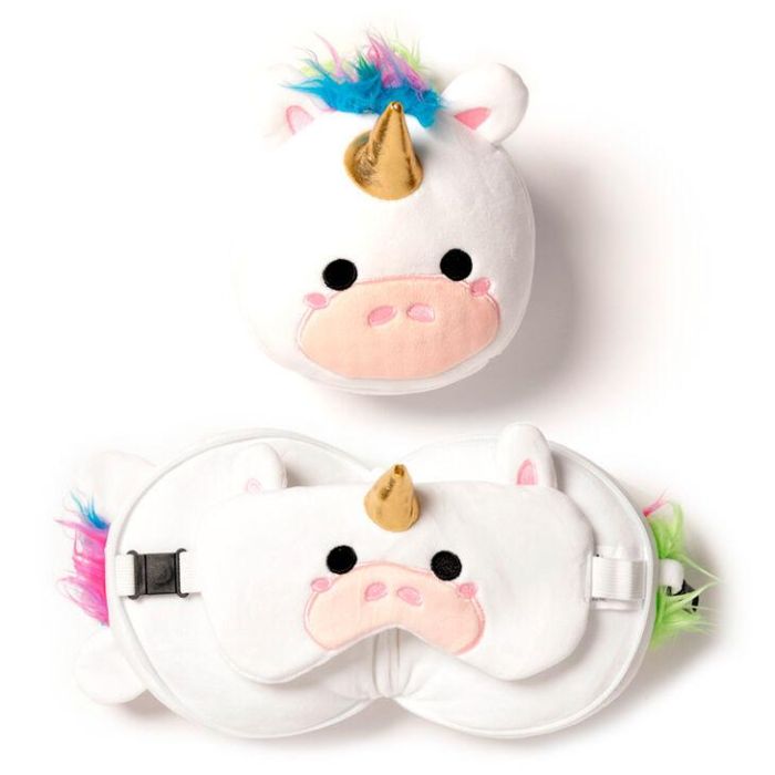 PUCKATOR Almohada de Viaje Relaxeazzz con Antifaz de Unicornio Integrado - 95% Poliéster, 5% Spandex, 15.5x14.5x14cm