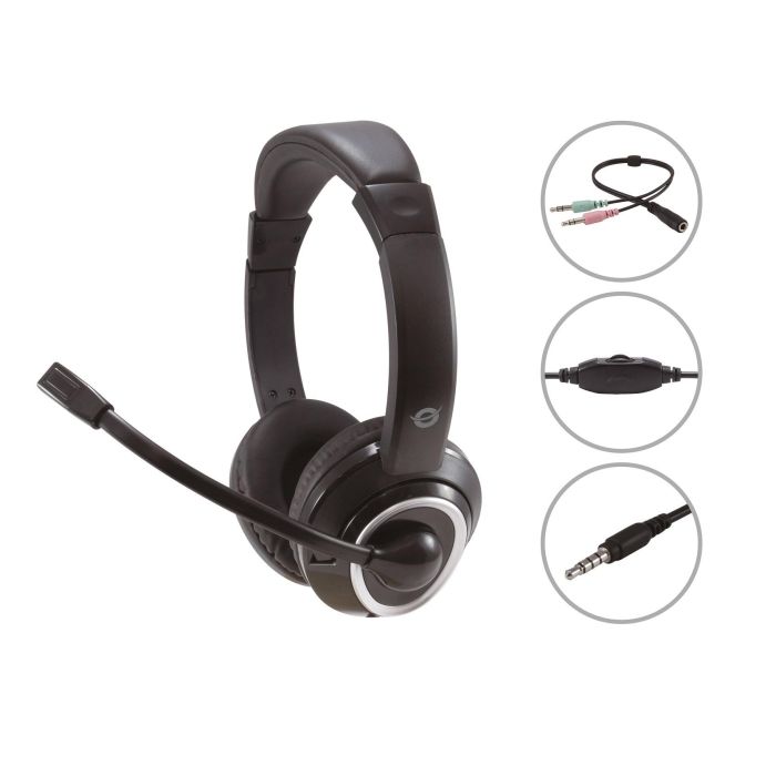 Conceptronic Auriculares con Micrófono Flexible, Jack 3.5 mm, Control de Volumen, Incluye Adaptador 1 a 2, Negro