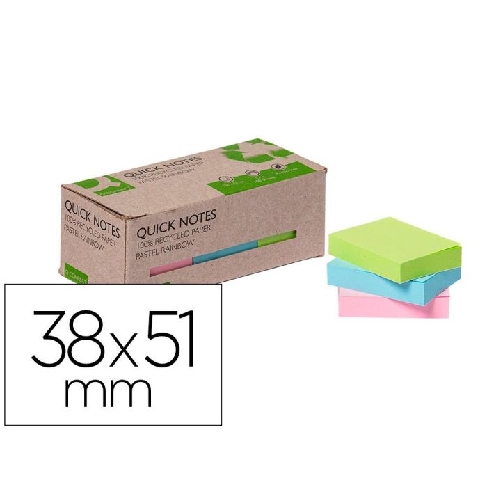 Bloc De Notas Adhesivas Quita Y Pon Q-Connect 38x51 mm 100% Papel Reciclado Colores Pasteles En Caja De Carton 12 unidades