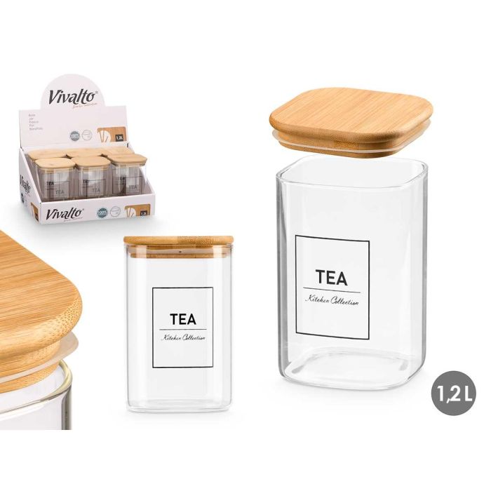 Bote Cuadrado Borosilicato Tapa Bambu Tea 1,2L Vivalto 10X15CM (12 Unidades) Bote Cuadrado Borosilicato Tapa Bambu Tea 1,2L Vivalto 10X15CM (12 Unidades)