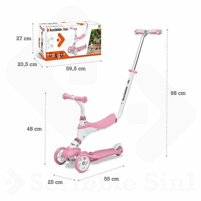 Mondo Scooter On and Go Scribble 5 en 1 plegable con 3 ruedas, manillar ajustable y freno trasero - Rosa 4