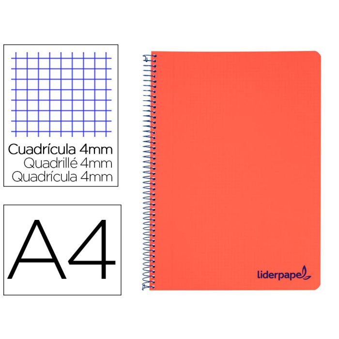 Cuaderno Espiral Liderpapel A4 Wonder Tapa Plastico 80H 90 gr Cuadro 4 mm Con Margen Color Rojo 5 unidades