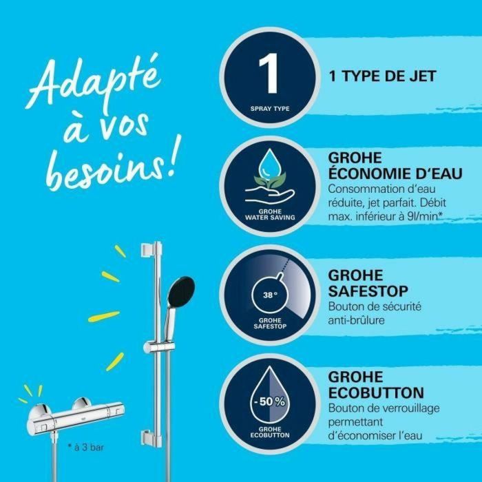 Grohe 34597001 Conjunto de ducha termostático con rociador 1 chorro, barra 60cm y flexo, ahorro de agua, cromo 1