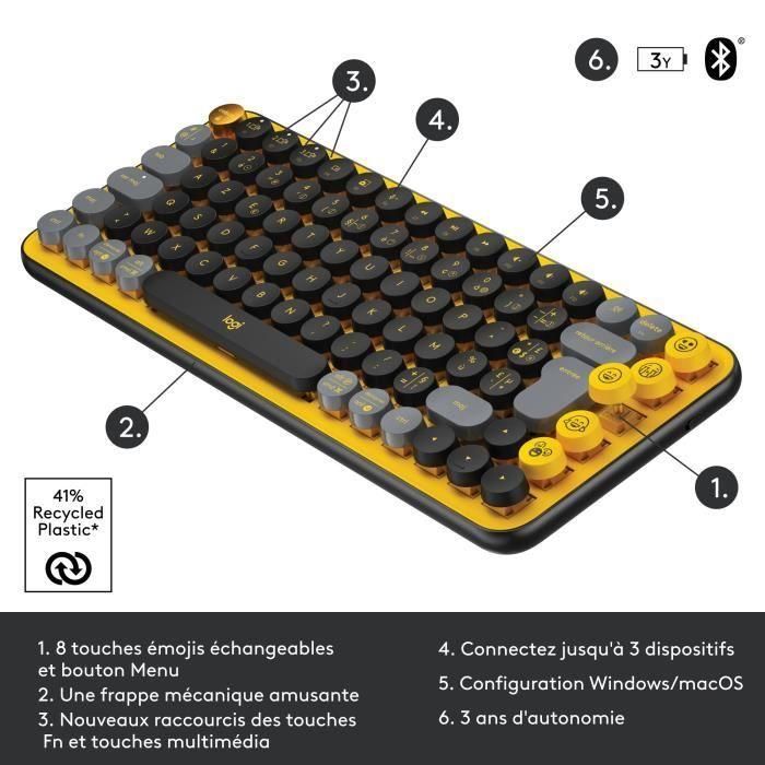Logitech POP Keys Teclado Inalámbrico Teclas POP Mecánicas Emoji Personalizables, Bluetooth o USB, Multidispositivo, Compacto Amarillo 5