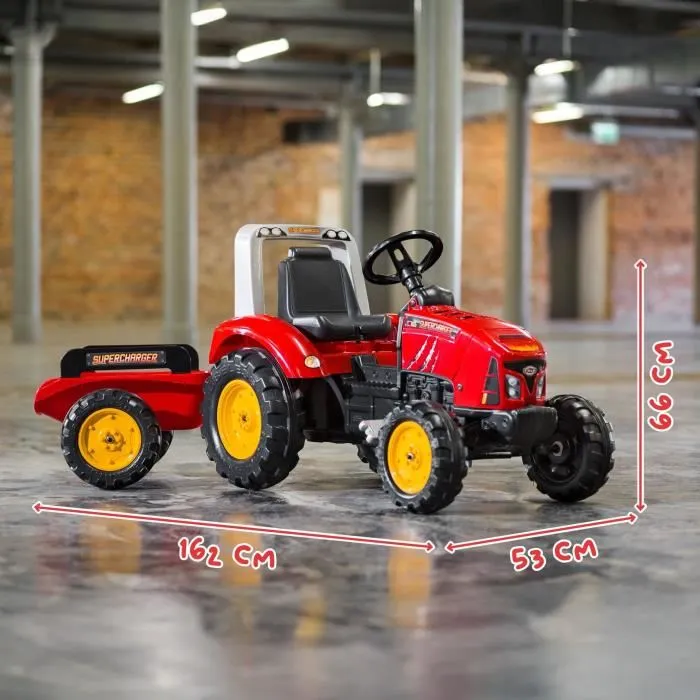 Falk Tractor de pedal rojo SuperCharger con capó de apertura y remolque incluido para niños de 3 a 7 años 4