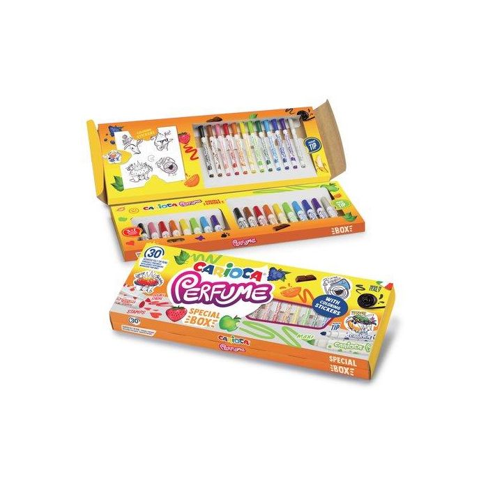 Carioca Set 30 Rotuladores Perfumados: 12 Punta Cónica, 8 Punta Sellos, 10 Punta Maxi. Colores Surtidos y Pegatinas Lavables