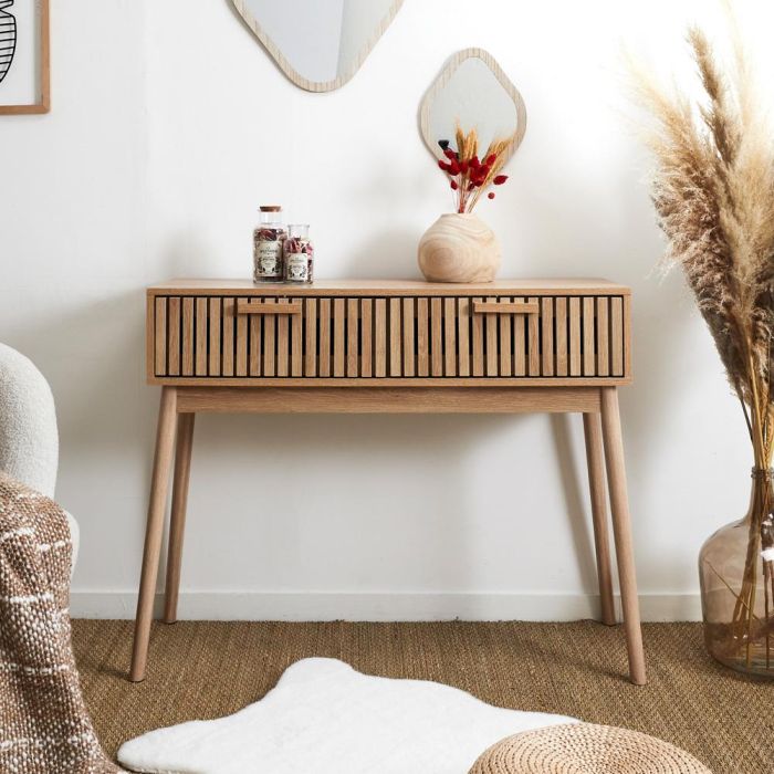 Klaus Consola con 2 Cajones de Almacenamiento - Mueble Recibidor Colección Natural, Madera MDF y Patas Pino 100x35x80 cm 1 Klaus Consola con 2 Cajones de Almacenamiento - Mueble Recibidor Colección Natural, Madera MDF y Patas Pino 100x35x80 cm 1