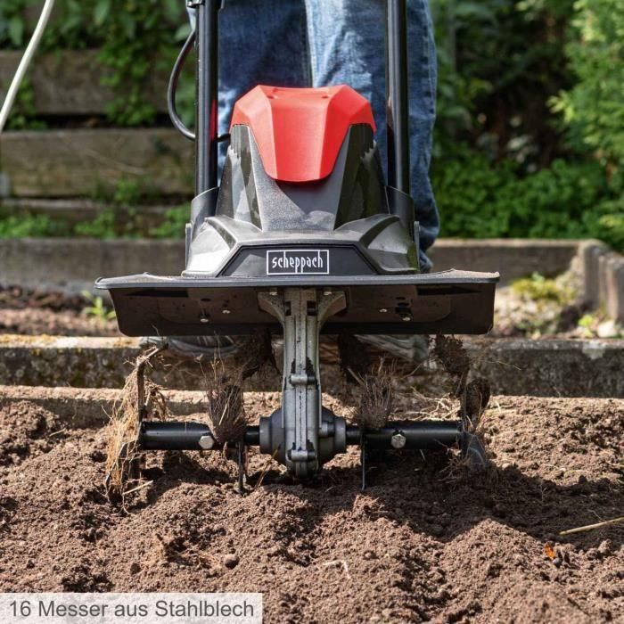 Scheppach MTE380 Abajadora Eléctrica 1050W 1.4 CV Trabajo 360x205mm 16 Cuchillos Negra y Roja para Huertas 2