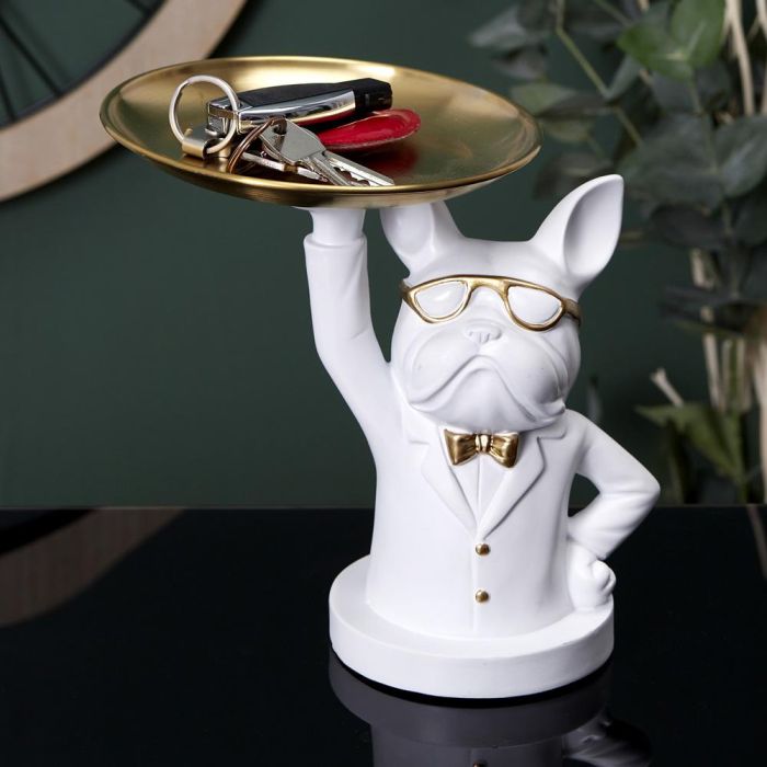 Home Deco Factory Vaciabolsillos Bulldog Camarero Blanco Escultura Decorativa para Llaves Monedas 3