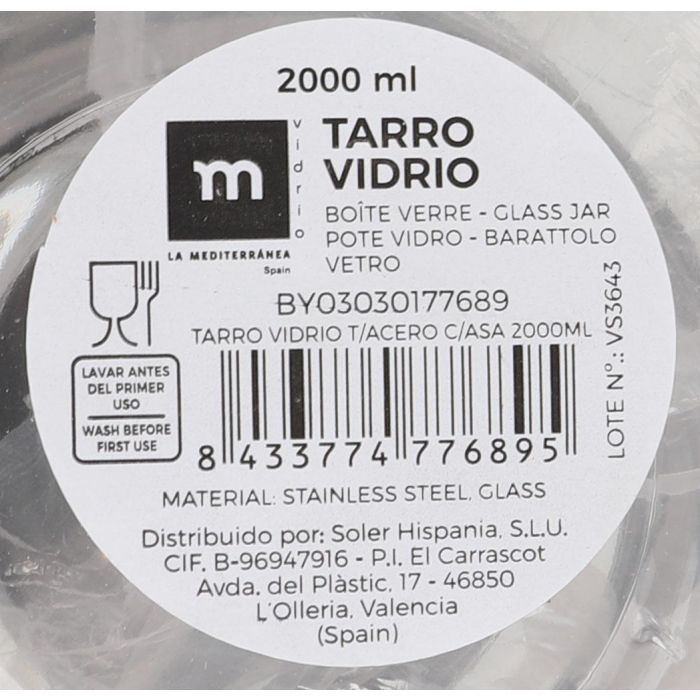 La Mediterranea Tarro de Vidrio con Tapa de Acero y Asa 2000 ml (2 L) - 13.2 x 13.4 x 18.4 cm (6 Unidades)
