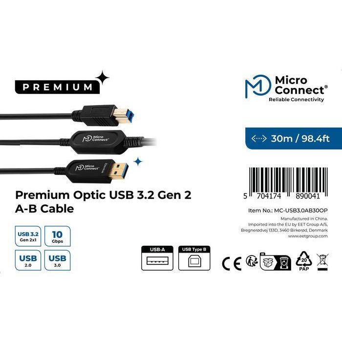 MicroConnect Cable USB de Fibra Óptica Premium 3.2 Gen 2 A-B, 10Gbps, 30m para Impresoras, Escáneres, Cámaras de Reuniones 2