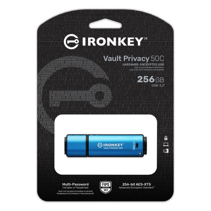 Kingston IronKey Vault Privacy 50C - Llavero USB-C 256GB, Cifrado Hardware AES-256, FIPS 197, Resistente Agua IPX8, 230 MB/s - Negro/Azul 3