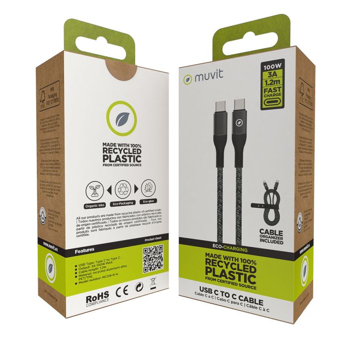 muvit for change cable Tipo C a Tipo C 5A/100W 1.2m resistente negro 3 muvit for change cable Tipo C a Tipo C 5A/100W 1.2m resistente negro 3
