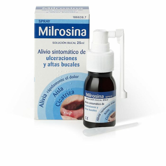 Milrosina Alivio Sintomático Solución Bucal Spray para Ulceraciones, Aftas y Dolor. Con Própolis y Ácido Hialurónico 25 ml