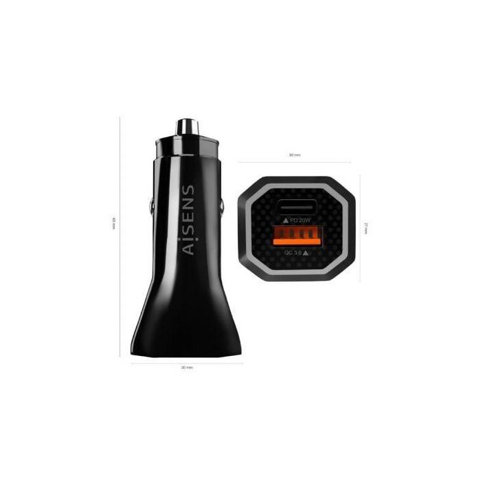 Aisens Cargador de Coche 38W USB-C PD3.0 20W + USB-A QC3.0 Negro, Carga Rápida Inteligente para Múltiples Dispositivos 2 Aisens Cargador de Coche 38W USB-C PD3.0 20W + USB-A QC3.0 Negro, Carga Rápida Inteligente para Múltiples Dispositivos 2