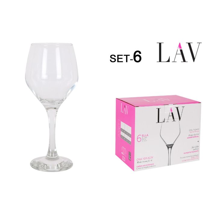 Lav Set 6 Copas Vino/Agua Ella 330 cc con dimensiones 8 cm ancho x 20.5 cm alto x 6.5 cm largo (4 Cajas) 0 Lav Set 6 Copas Vino/Agua Ella 330 cc con dimensiones 8 cm ancho x 20.5 cm alto x 6.5 cm largo (4 Cajas) 0